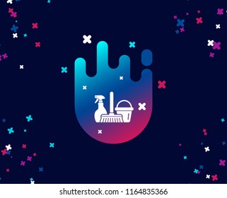 Cleaning service simple icon. Spray, bucket and mop symbol. Housekeeping equipment sign. Cool banner with icon. Abstract shape with gradient. Vector