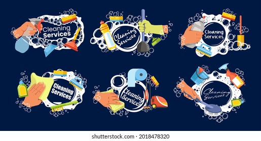 Cleaning service with soap, household equipment, vector illustration. Home cleaner with sponge, bucket, brush and detergent spray collection. Cleaner worker hand with domestic tools concept.