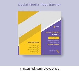 Cleaning service social media post banner template. Home Cleaning business marketing square flyer layout