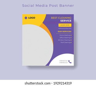 Cleaning service social media post banner template. Home Cleaning business marketing square flyer layout