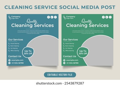 Cleaning service social media post vector with blue and green backgrounds. Home cleaning business promotional web banner design with photo placeholders. Business advertisement template vector.