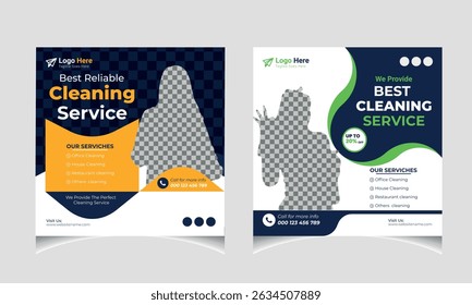  Cleaning service social media post banner template set.
 Home Cleaning social media post banner. Reliable Cleaning service social media square banner design and web banner design template. 