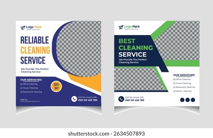  Cleaning service social media post banner template set.
 Home Cleaning social media post banner. Reliable Cleaning service social media square banner design and web banner design template. 