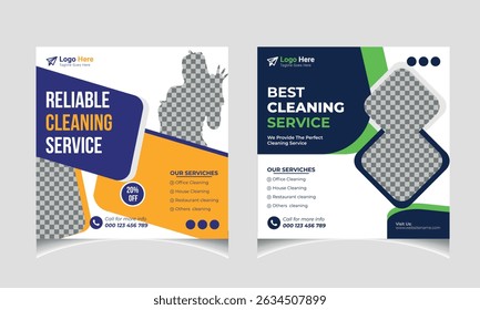  Cleaning service social media post banner template set.
 Home Cleaning social media post banner. Reliable Cleaning service social media square banner design and web banner design template. 