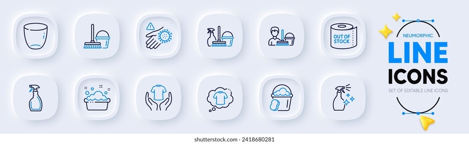 Cleaning service, Sponge and Washing cleanser line icons for web app. Pack of Wash hand, Toilet paper, Spray pictogram icons. Hold t-shirt, Bucket with mop, T-shirt signs. Glass. Vector