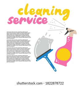 Cleaning service. Spray and brush for cleaning windows, household chemicals. Poster banner template for house cleaning services with lorem ipsum. Hand drawn cartoon vector illustration with lettering