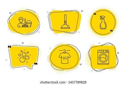 Cleaning service, Spray and Washing machine signs. Chat bubbles. Dry t-shirt, Plunger and Clean bubbles line icons set. Laundry shirt, Clogged pipes cleaner, Laundry shampoo. Bucket with mop. Vector