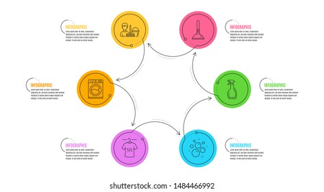 Cleaning service, Spray and Washing machine signs. Infographic timeline. Dry t-shirt, Plunger and Clean bubbles line icons set. Laundry shirt, Clogged pipes cleaner, Laundry shampoo. Vector