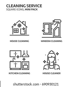 Cleaning service, square mini icon set. The illustrations are a vector, editable stroke, thirty-two by thirty-two matrix grid, pixel perfect files. Crafted with precision and eye for quality.