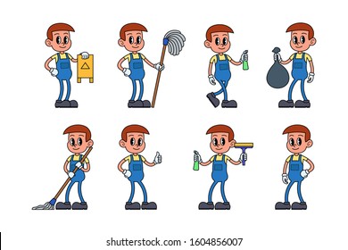 Cleaning service staff character set, retro cartoon style