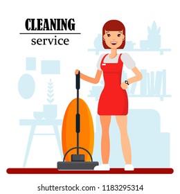 Cleaning service staff character with vacuum cleaner. Housewife cleaning at home, woman worker in uniform, housekeeping services - flat vector illustration