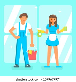 Cleaning service staff characters in blue uniform. Male and female cleaners in flat cartoon style isolated. Cleaning company concept. Vector illustration eps 10