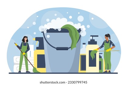 Cleaning service staff concept. Women in uniform near big mop, bucket and cleaning products, detergents. Cleanliness and hygiene. Spray and soap with bubbles. Cartoon flat vector illustration