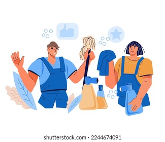 Cleaning service staff of janitors, flat cartoon vector illustration isolated on white background. Man and woman in uniform with tools and detergents for house cleaning.
