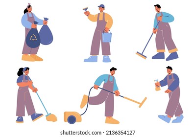 Cleaning service staff, people in uniform with vacuum cleaner, broom, spray, trash bags and bucket. Vector flat set of professional housework workers and janitors isolated on white background