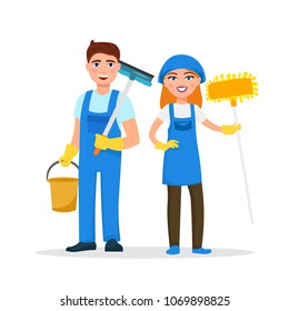 Cleaning service staff smiling cartoon characters isolated on white background. House cleaners dressed in uniform vector illustration in a flat style. Cute and cheerful workers housekeeping concept.