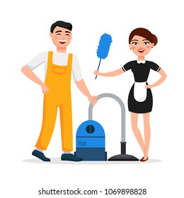 Cleaning service staff smiling cartoon characters isolated on white background. House cleaners dressed in uniform vector illustration in a flat style. Cute and cheerful workers housekeeping concept.