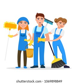 Cleaning service staff smiling cartoon characters isolated on white background. House cleaners dressed in uniform vector illustration in a flat style. Cute and cheerful workers housekeeping concept.