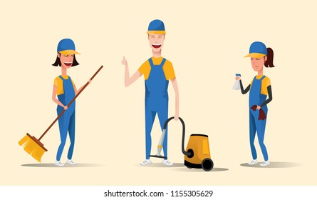 Cleaning service staff smiling cartoon characters isolated on yellow background. Men and women dressed in uniform vector illustration in a flat style