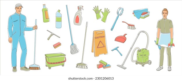 Cleaning service staff smiling characters on white background. House cleaners dressed in uniform and set elements about cleaning,  vector illustration
