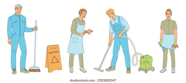 Cleaning service staff smiling characters on white background. House cleaners dressed in uniform   outline color vector illustration