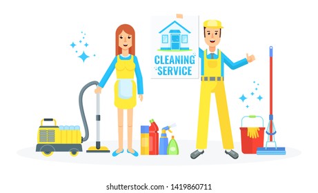 Cleaning service staff team. Cleaning staff to clean up the offices and private homes. Young girl and boy holds Household supplies. Vector flat cartoon character.