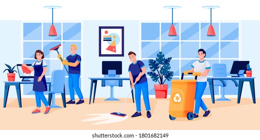 Cleaning service staff team in uniform cleans office. Vector flat cartoon character illustration. Men and women professional housekeeper workers wash windows, wipe dust and cleaning garbage