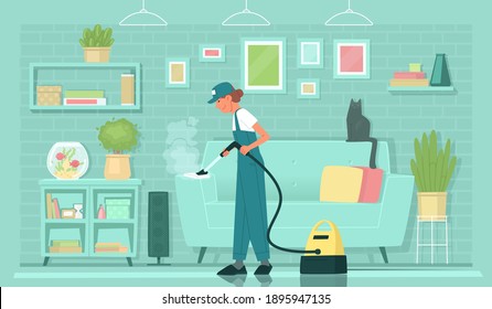 Cleaning service. Steam treatment of the surface. Steamer. Woman cleaner cleans the sofa. Vector illustration in flat style