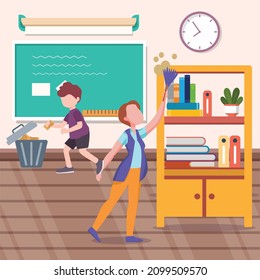 Cleaning service and a student are working together to clean the school room. Vector colorful illustration. 