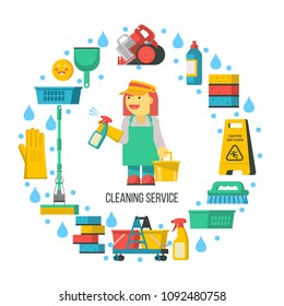 Cleaning service. Cleaning supplies are arranged in a circle. In the center of a professional cleaner. Vector illustration.
