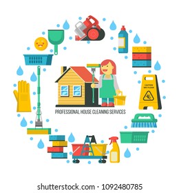 Cleaning service. Cleaning supplies are arranged in a circle. In the center of the professional cleaning lady was standing near the house. Vector illustration.