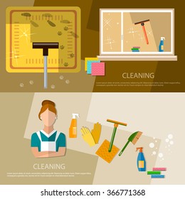 Cleaning service and cleaning supplies banner home cleaning vector illustration  