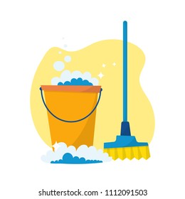 Cleaning service supplies, detergent containers and bottles. Vector illustration, cartoon style.