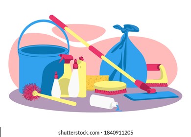 Cleaning service supplies. Detergent products and different tools for housekeeping work, household equipment. Bucket, mop, sponge, sprayer bottle, brush cartoon vector illustration