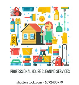 Cleaning service. Cleaning supplies are located in a rectangle. In the center of the professional cleaning lady was standing near the house. Vector illustration.