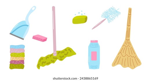 Cleaning service supplies and cleaning product set. Broom rags brush dustpan. Chemicals and equipment for sanitary treatment. For poster cleaning company household chemicals store. Vector.