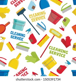 Cleaning Service Supplies Vector Illustration. Home Clean Tools Seamless Pattern. Brush, Bucket, Window Wipes and Chemicals. Broom and Rubber Gloves, Washing Detergents, Sponge. Hygiene.