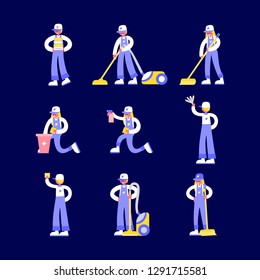 Cleaning service. Sweeper in different poses. Washes the wall, floor, vacuums. Flat set