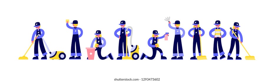 Cleaning service. Sweeper in different poses. Washes the wall, floor, vacuums. Flat illustration