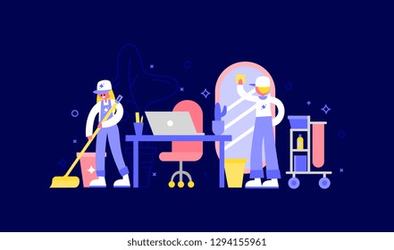 Cleaning service. Sweeper in different poses. Washes the wall, floor, vacuums. Flat illustration. Office concept
