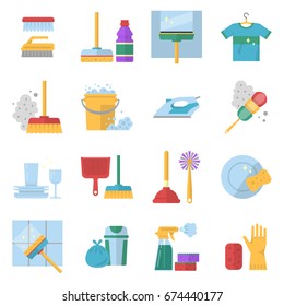 Cleaning service symbols. Different colored tools in cartoon style. Brush and soap