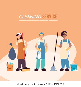 cleaning service team with gloves and cleaning utensils vector illustration design