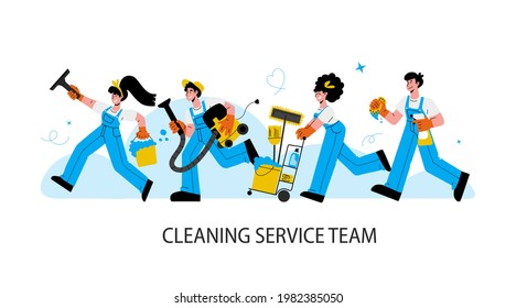 Cleaning Service Team Rush To Help.Group Of Men And Woman In Uniform Run To Clean Up House After Party, Office Room. Happy Motivated Janitors In Rubber Glove. Vector Flat Illustration.