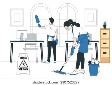 Cleaning service team at work. Cleaning service or company. Woman and man doing housework. Professional occupation. Janitor washing floor and furniture. Isolated vector illustration in cartoon style