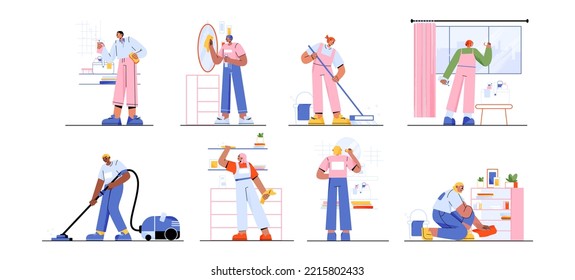 Cleaning service team work in house. People with vacuum cleaner, broom, spray and napkins wash floor, sweep dust, mop window, tile in bathroom and mirror, vector flat set