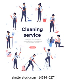 Cleaning service team working, concept illustration with professionals, web page design template, vector banner