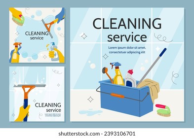 Cleaning service template. Detergents and sprayers with mop and brushes. Hygiene and cleanliness. Household chores and routine. Cartoon flat vector collection isolated on blue background