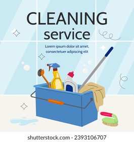 Cleaning service template. Detergents and sprayers with mop and brushes in bucket. Hygiene and cleanliness. Household chores and routine. Poster or banner. Cartoon flat vector illustration