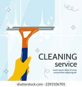 Cleaning service template. Hand in rubber yellow glove with scraper. Hygiene and cleanliness. Household chores and routine. Graphic element for website. Cartoon flat vector illustration