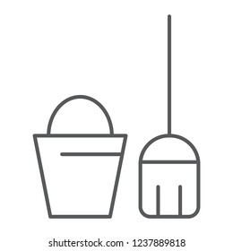 Cleaning service thin line icon, clean and wash, bucket and mop sign, vector graphics, a linear pattern on a white background, eps 10.